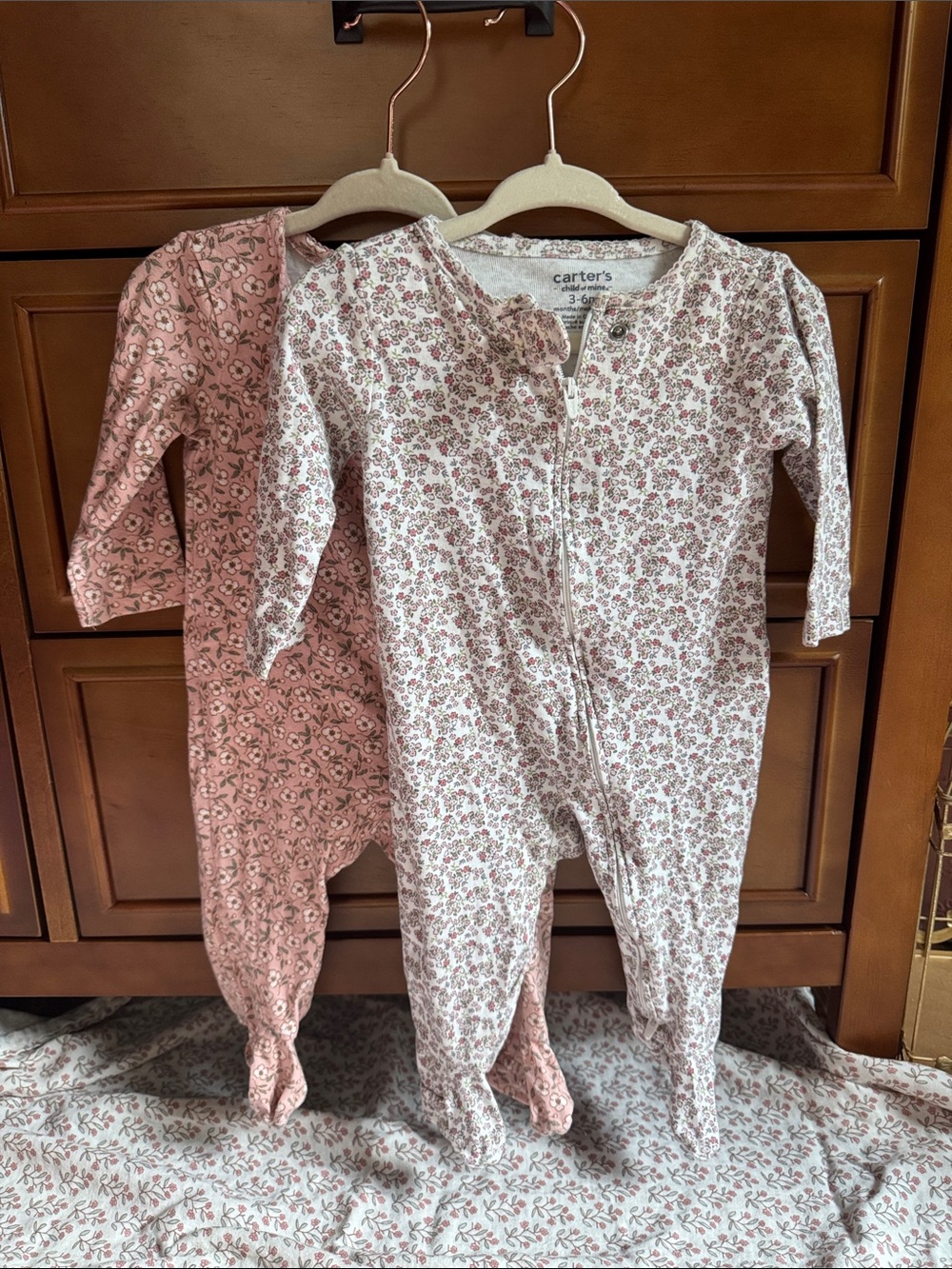 Carter's Pink and White Floral Zip-Up Footed Baby One-Pieces (2-Pack)